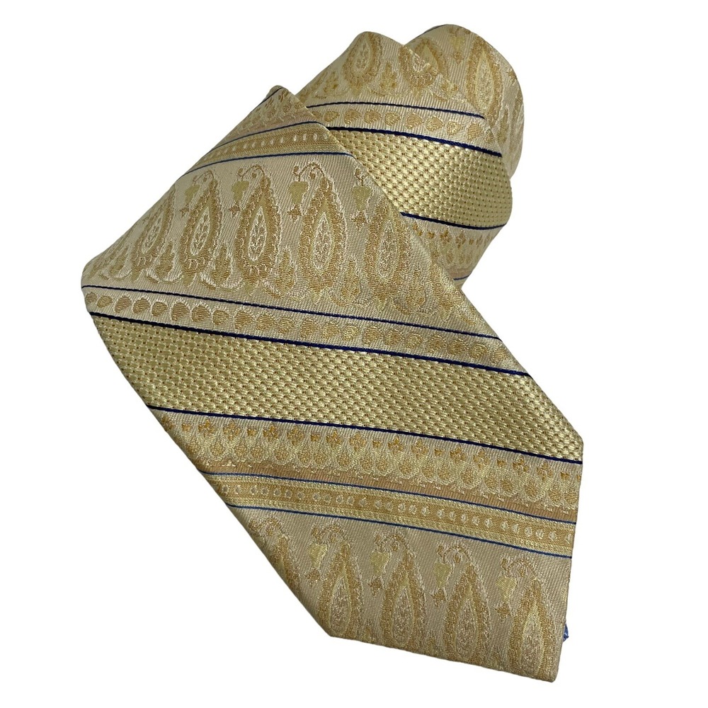 Robert Graham Silk Tie Yellow Blue Stripe Paisley Designer Artistic Officecore